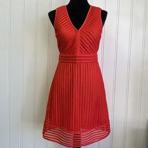 J.CREW GORGEOUS STRIPED EYELET DRESS IN FLAME RED V NECK‎ FIT & FLARE 0
